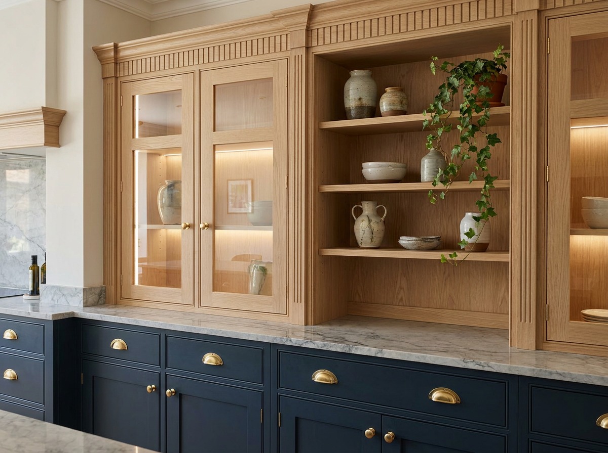 Two-tone navy and oak custom cabinetry with glass-front uppers and brass hardware