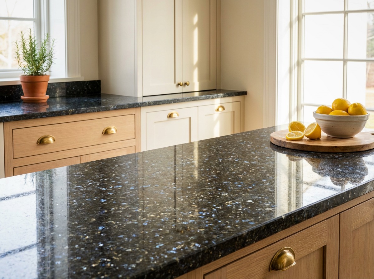 Dark speckled granite countertop with warm oak cabinetry in a bright kitchen