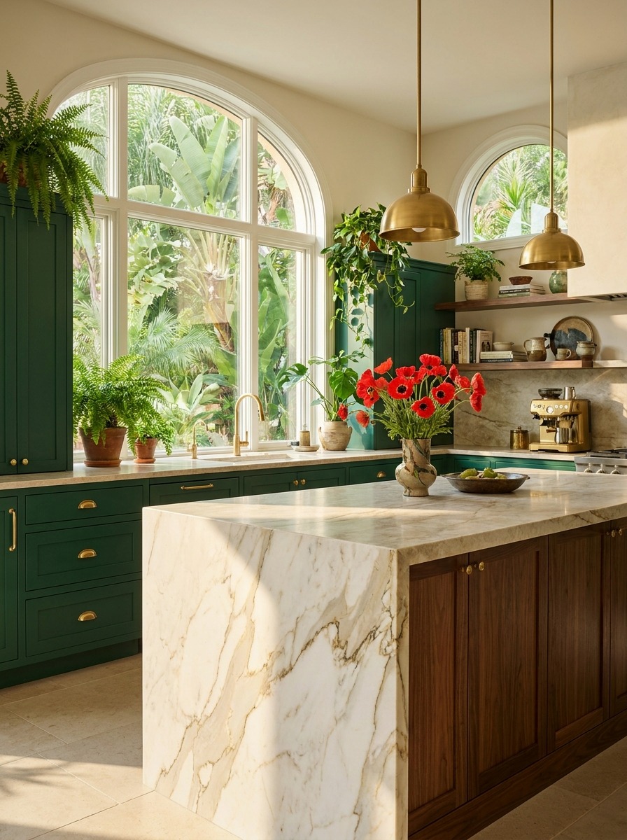 Bright luxury kitchen with a marble waterfall island, emerald custom cabinetry, brass pendants and lush greenery