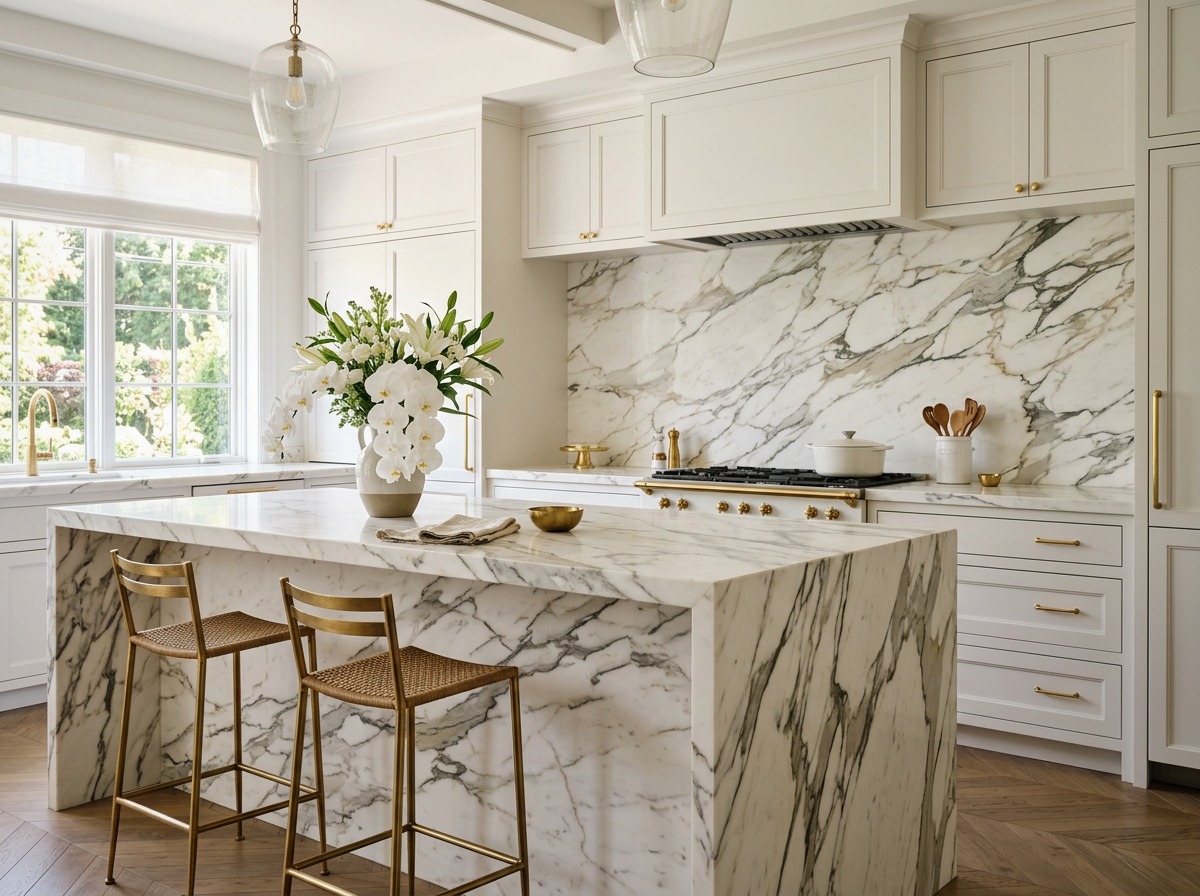 White Calacatta marble island and backsplash in an elegant kitchen