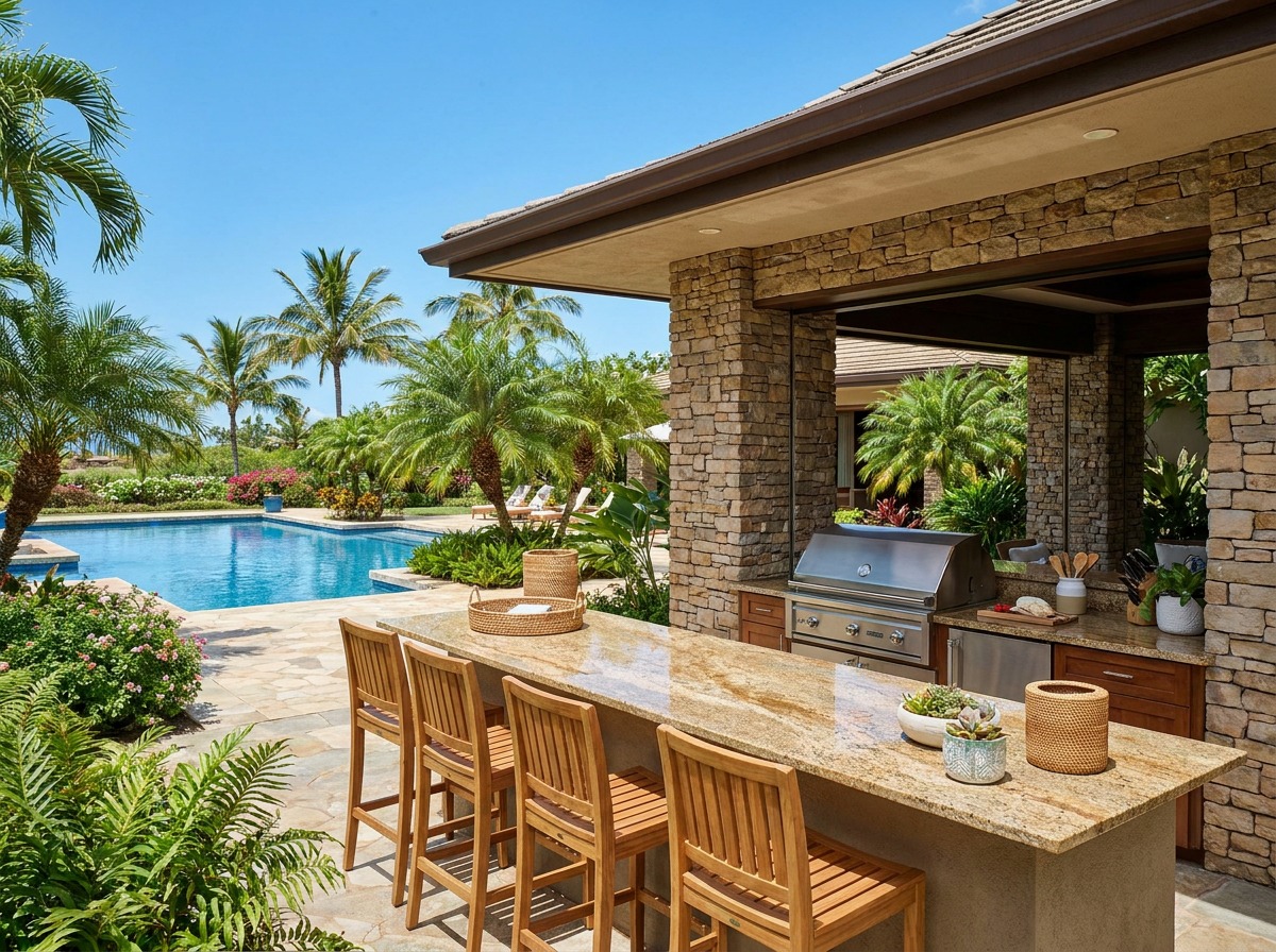 Poolside outdoor kitchen with a granite bar, built-in grill and tropical landscaping