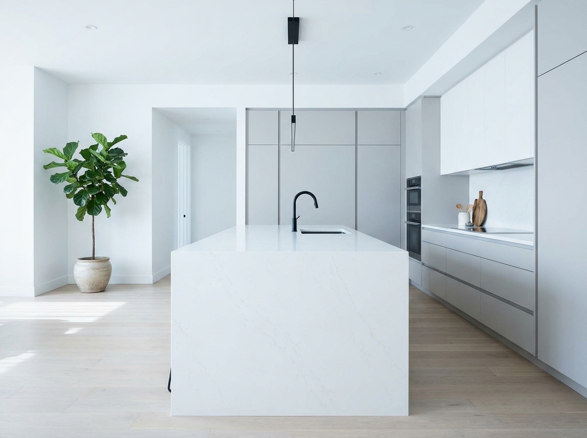 Modern kitchen with a white quartz waterfall island