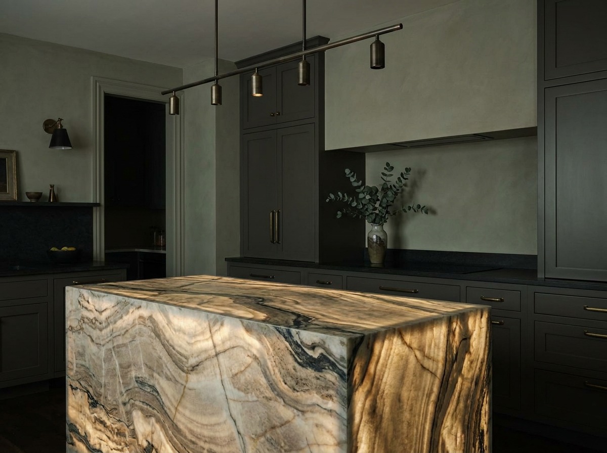 Backlit translucent quartzite waterfall island in a moody luxury kitchen